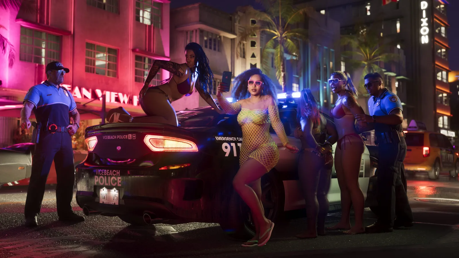 Two Vice Beach Police officers stand beside a patrol car at night on a neon-lit street, as women in party outfits pose on and around the car