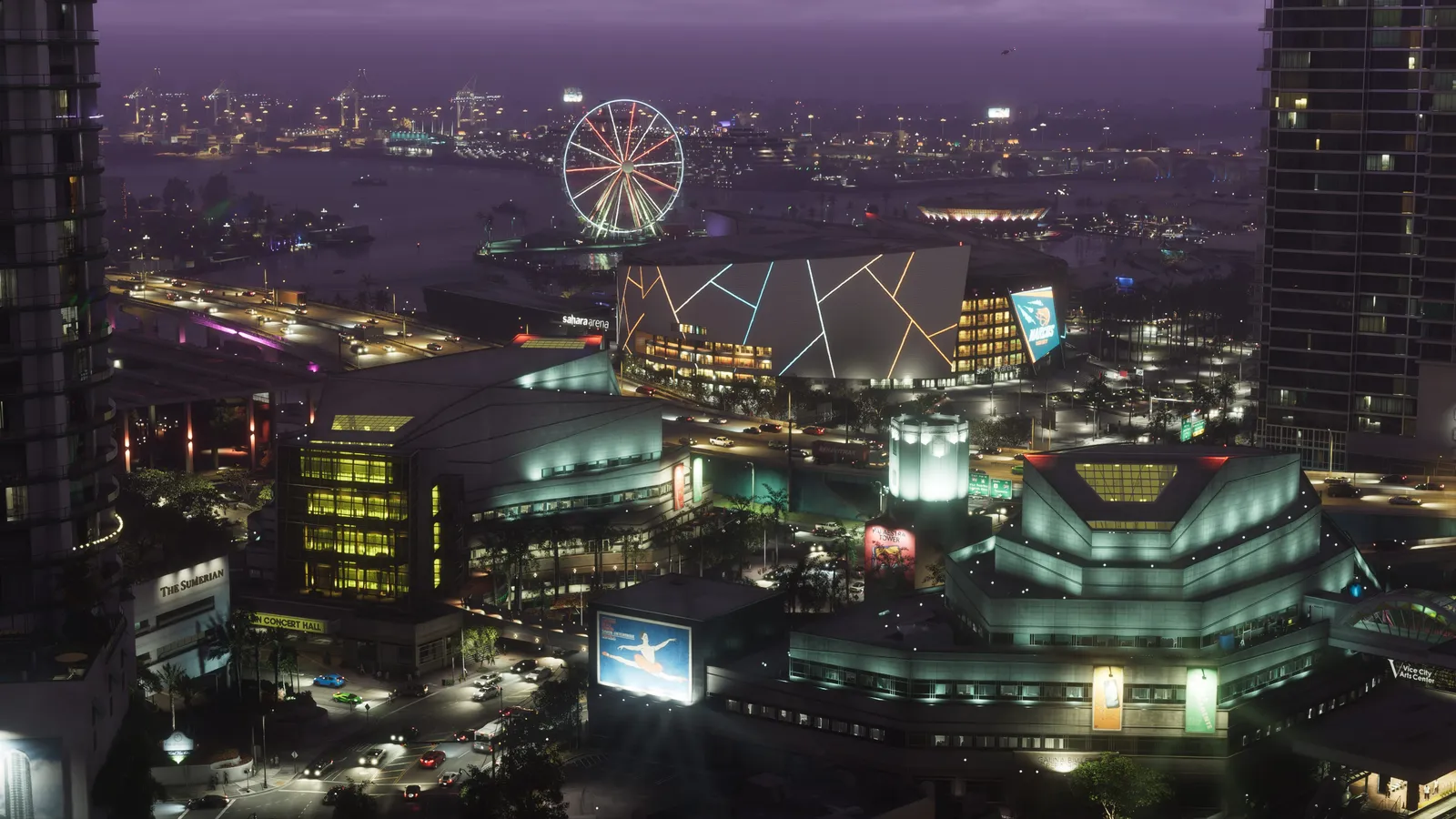 Downtown Vice City at night: an arena with a lit geometric facade, a Ferris wheel by the bay and the port beyond