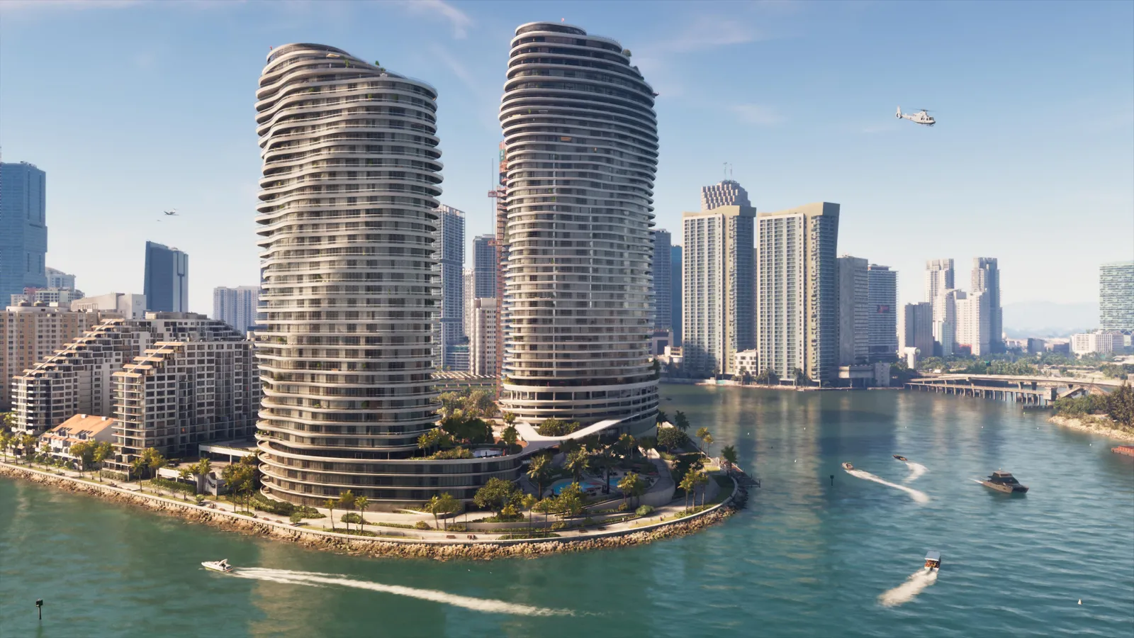 Two curved residential towers on a waterfront point in Vice City, with speedboats and a helicopter