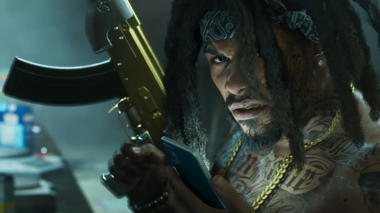 A tattooed man with long dreadlocks and a bandana holding a gold rifle while staring suspiciously at a smartphone