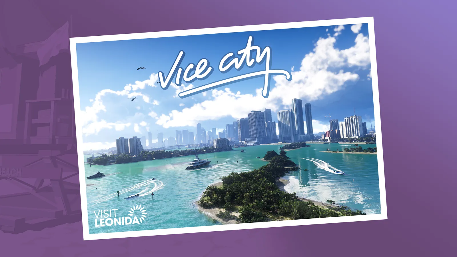 Official Vice City postcard showing the city skyline, the bay and boats, with Visit Leonida in the corner