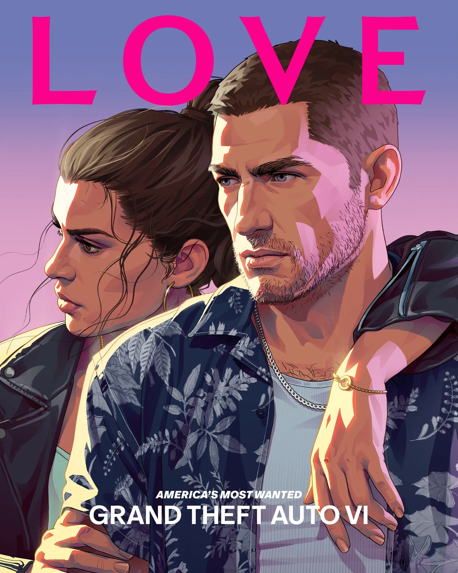 The LOVE Issue 27 cover: a painted illustration of Lucia and Jason beneath the pink LOVE masthead, with the words America's Most Wanted and Grand Theft Auto VI