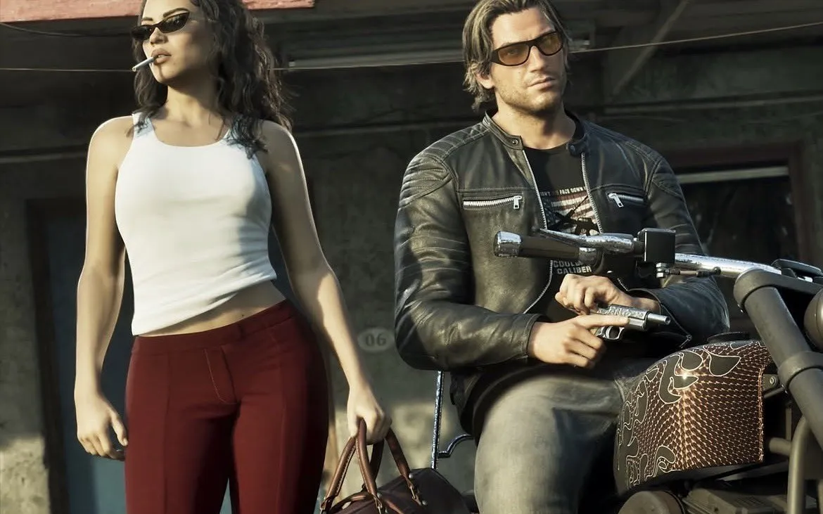Lucia walks past with a cigarette and a leather bag while Jason sits on a motorcycle holding a pistol
